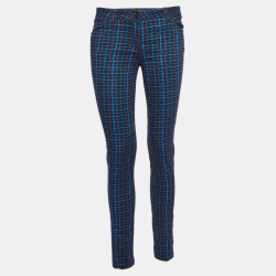 Blue Checked Cotton Skinny Trousers