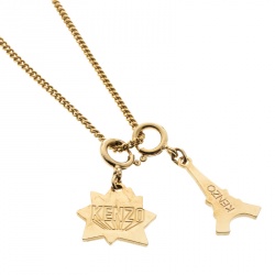 Kenzo Enamel Gold Tone Dual Charm Chain Necklace