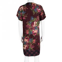 Pre Owned Kenzo Burgundy Floral Printed Wool Checked Trim Detail Dress L