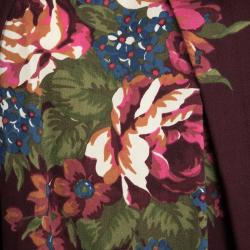 Pre Owned Kenzo Burgundy Floral Printed Wool Checked Trim Detail Dress L