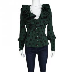 Pre Owned Kenzo Green And Black Polka Dotted Ruffle Detail Long Sleeve Silk Blouse M