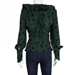 Pre Owned Kenzo Green And Black Polka Dotted Ruffle Detail Long Sleeve Silk Blouse M
