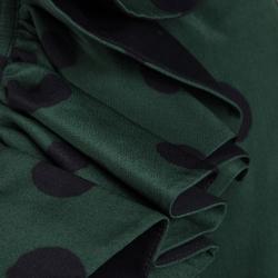 Pre Owned Kenzo Green And Black Polka Dotted Ruffle Detail Long Sleeve Silk Blouse M