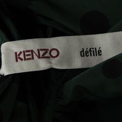 Pre Owned Kenzo Green And Black Polka Dotted Ruffle Detail Long Sleeve Silk Blouse M