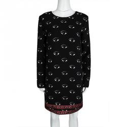 Pre Owned Kenzo Black Eye Print Long Sleeve Dress M