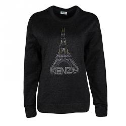 Pre Owned Kenzo Metallic Black Flocked Eiffel Tower Motif Sweatshirt M