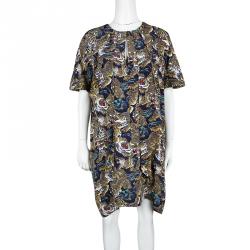 Pre Owned Kenzo Multicolor Flying Tiger Printed Silk Pleat Detail Short Sleeve Dress M