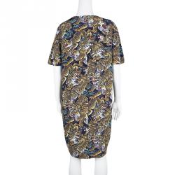 Pre Owned Kenzo Multicolor Flying Tiger Printed Silk Pleat Detail Short Sleeve Dress M