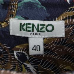 Pre Owned Kenzo Multicolor Flying Tiger Printed Silk Pleat Detail Short Sleeve Dress M