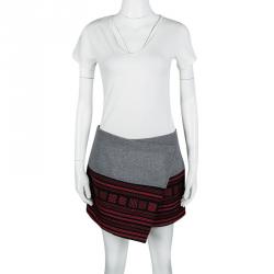 Pre Owned Kenzo Grey Wool Blend Contrast Embroidered Asymmetric Wrap Skirt M