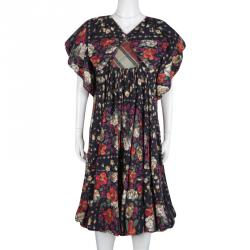 Pre Owned Kenzo Floral and Check Print Gathered Jersey Bow Detail Dress M