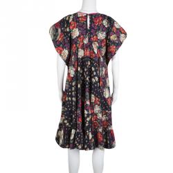 Pre Owned Kenzo Floral and Check Print Gathered Jersey Bow Detail Dress M