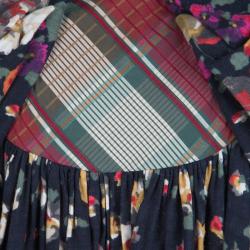 Pre Owned Kenzo Floral and Check Print Gathered Jersey Bow Detail Dress M