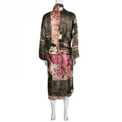 Kenzo Multicolor Floral Printed Silk Satin Wrap Top and Skirt Set M/L