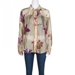 Pre Owned Kenzo Beige Floral Printed Sheer Silk Button Front Shirt L