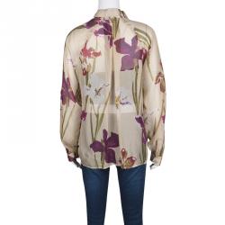 Pre Owned Kenzo Beige Floral Printed Sheer Silk Button Front Shirt L