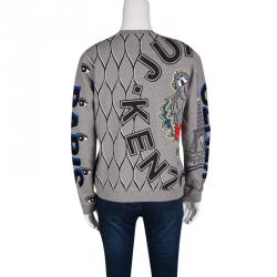 Pre Owned Kenzo Grey Cotton Multi Icon Detail Embroidered Sweatshirt M