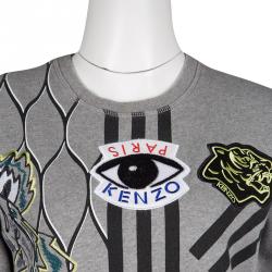 Pre Owned Kenzo Grey Cotton Multi Icon Detail Embroidered Sweatshirt M