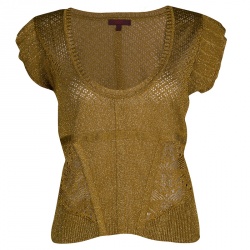 Pre Owned Kenzo Gold Lurex Detail Perforated Knit Cop Top L