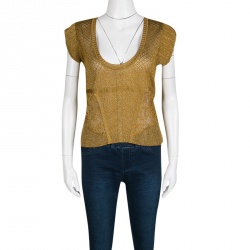 Pre Owned Kenzo Gold Lurex Detail Perforated Knit Cop Top L