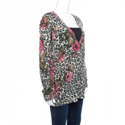 Pre Owned Kenzo Multicolor Floral and Animal Printed Knit Long Sleeve V Neck Sweater M