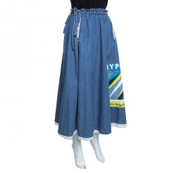 Pre Owned Kenzo Indigo Lace Trim Tie Detail Hyper Denim Skirt S