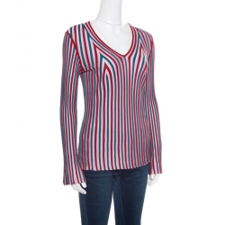Pre Owned Kenzo Multicolor Knit Striped V Neck Top M