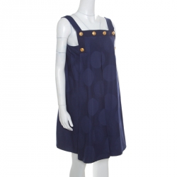 Pre Owned Kenzo Navy Blue Polka Dot Cotton Jacquard Gold Button Detail Pinafore Dress M