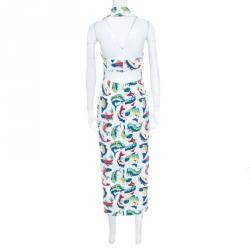 Pre Owned Kenzo White Fish Printed Techno Crepe Cutout Detail Halter Midi Dress S
