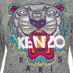 Pre Owned Kenzo Grey Melange Knit Cotton Embroidered Tiger Motif Sweater Dress M