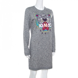 Pre Owned Kenzo Grey Melange Knit Cotton Embroidered Tiger Motif Sweater Dress M