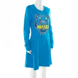 Pre Owned Kenzo Blue Tiger Motif Embroidered Long Sleeve Sweatshirt Dress L