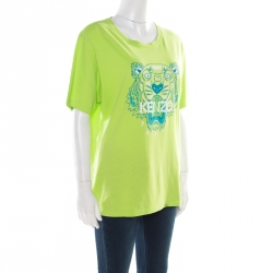 Pre Owned Kenzo Jungle Leaf Green Logo Printed Cotton Short Sleeve T-Shirt L