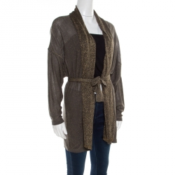 Pre Owned Kenzo Grey Lurex Knit Belted Cardigan M