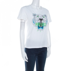 Pre Owned Kenzo White Tiger Motif Print Cotton Jersey Crew Neck T Shirt M