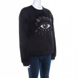 Pre Owned Kenzo Black Fleece Lined Lotus Eye Embroidered Neoprene Sweatshirt M