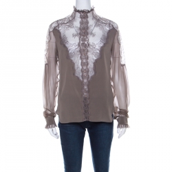 Pre Owned Kenzo Défilé Sage Green Silk and Sheer Lace Paneled Button Front Blouse S