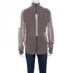 Pre Owned Kenzo Défilé Sage Green Silk and Sheer Lace Paneled Button Front Blouse S