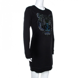 Pre Owned Kenzo Black Logo & Tiger Embroidered Cotton Sweatshirt Dress M