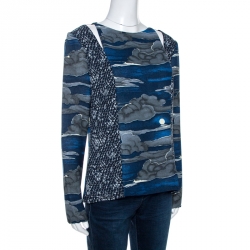 Pre Owned Kenzo Blue Night Clouds Print Crepe Cutout Detail Blouse L