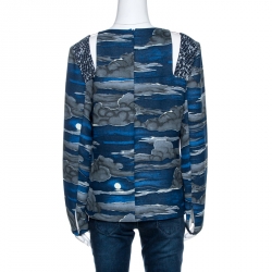 Pre Owned Kenzo Blue Night Clouds Print Crepe Cutout Detail Blouse L