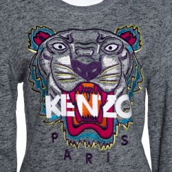 Pre Owned Kenzo Grey Melange Knit Embroidered Tiger Motif Sweater Dress L
