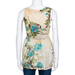 Pre Owned Kenzo Cream Floral Print Knit Paneled Sleeveless Scoop Neck Top M