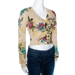 Pre Owned Kenzo Cream Floral Pointelle Knit Cotton Sequined Cropped Cardigan M