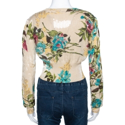 Pre Owned Kenzo Cream Floral Pointelle Knit Cotton Sequined Cropped Cardigan M