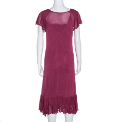 Pre Owned Kenzo Pink Knit Ruffle Detail Midi Dress L