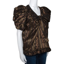 Pre Owned Kenzo Brown Striped Silk Blend Bow Detail Ruffled Blouse L 