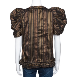 Pre Owned Kenzo Brown Striped Silk Blend Bow Detail Ruffled Blouse L 