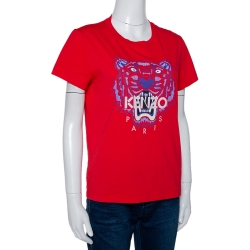 Pre Owned Kenzo Bright Red Cotton Tiger Motif Short Sleeve T Shirt M