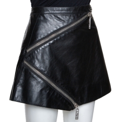 Pre Owned Kenzo Black Leather Zip Detail Mini Skirt L